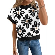 Saodimallsu Womens Floral Sweater Tops Short Sleeve Vintage Crew Neck Loose Knit Summer Pullover Sweaters