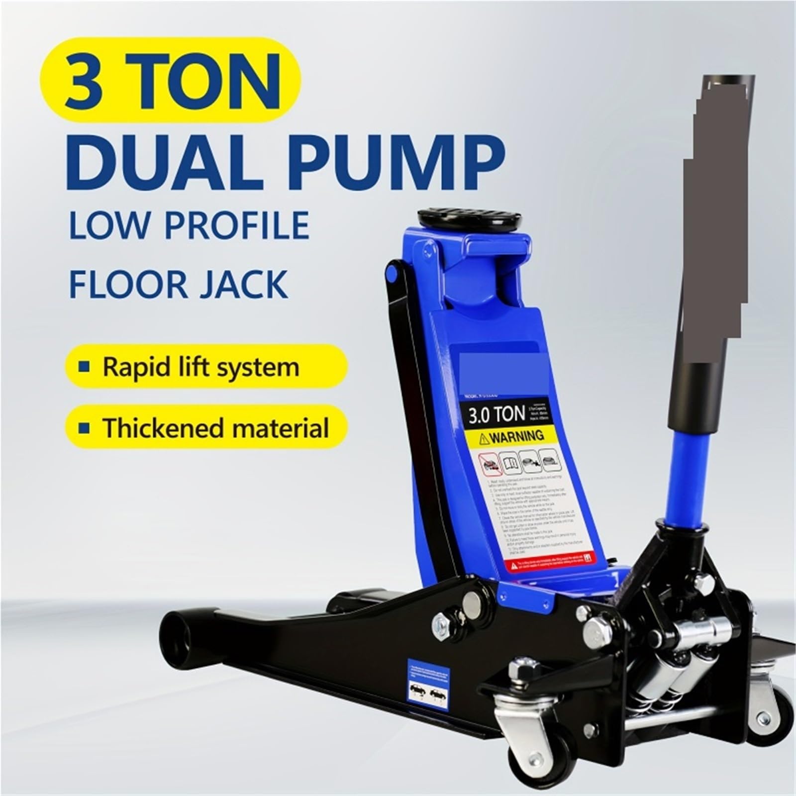 podnośnik hydrauliczny, Hydrauliczny podnośnik podłogowy o niskim profilu i ze stali wyścigowej udźwigu 3 tony (6600 funtów), z podwójną pompą tłokową szybkiego podnoszenia, niebieski zakres