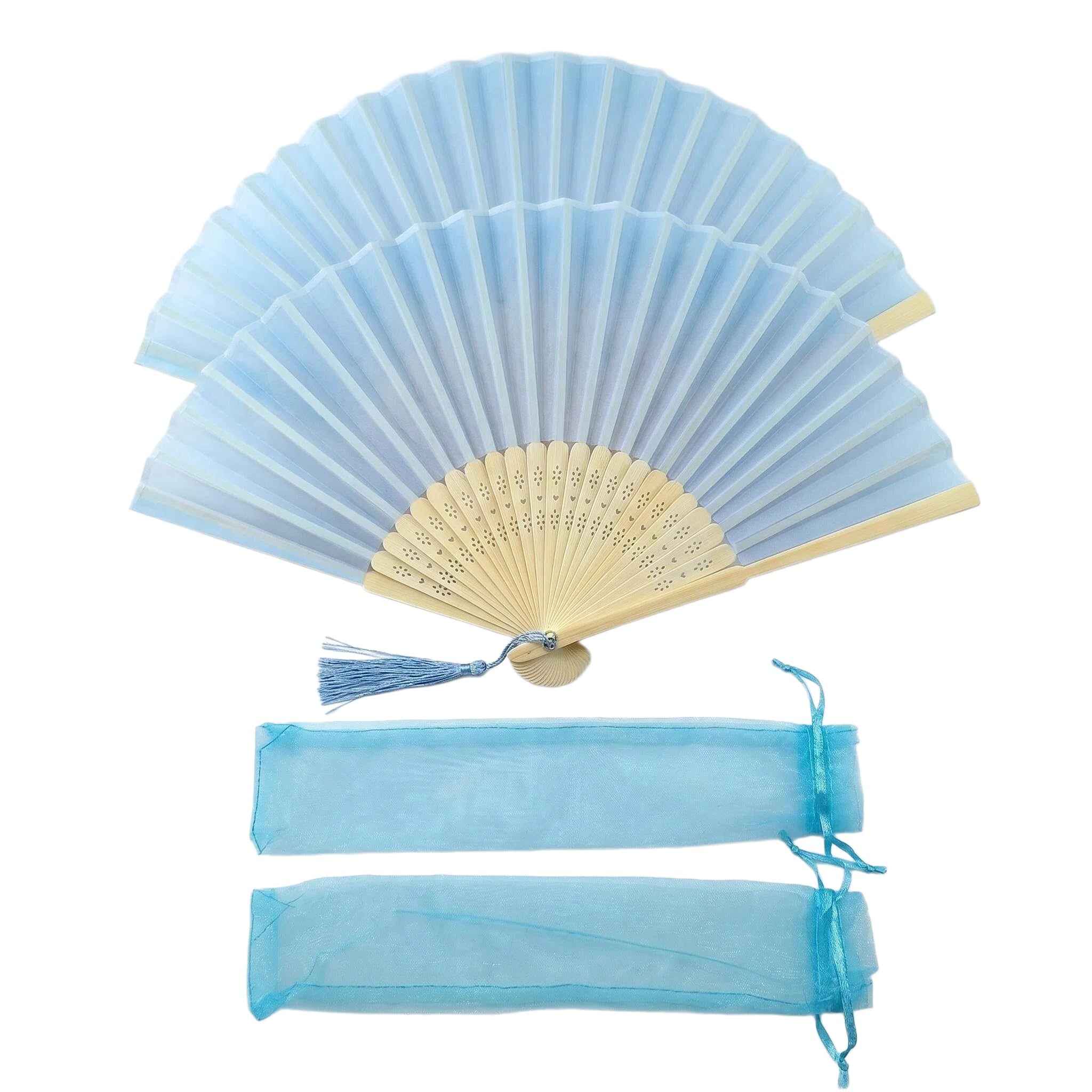 2 Pcs Silk Fabric Hand Fans 21cm Elegant Folding Fan for Girls Women Men Bamboo Handheld Fan with Tassel Portable Hollow Carved Bamboo Fan for Wedding Party Dance Home Decoration Cooling Gift (Blue)