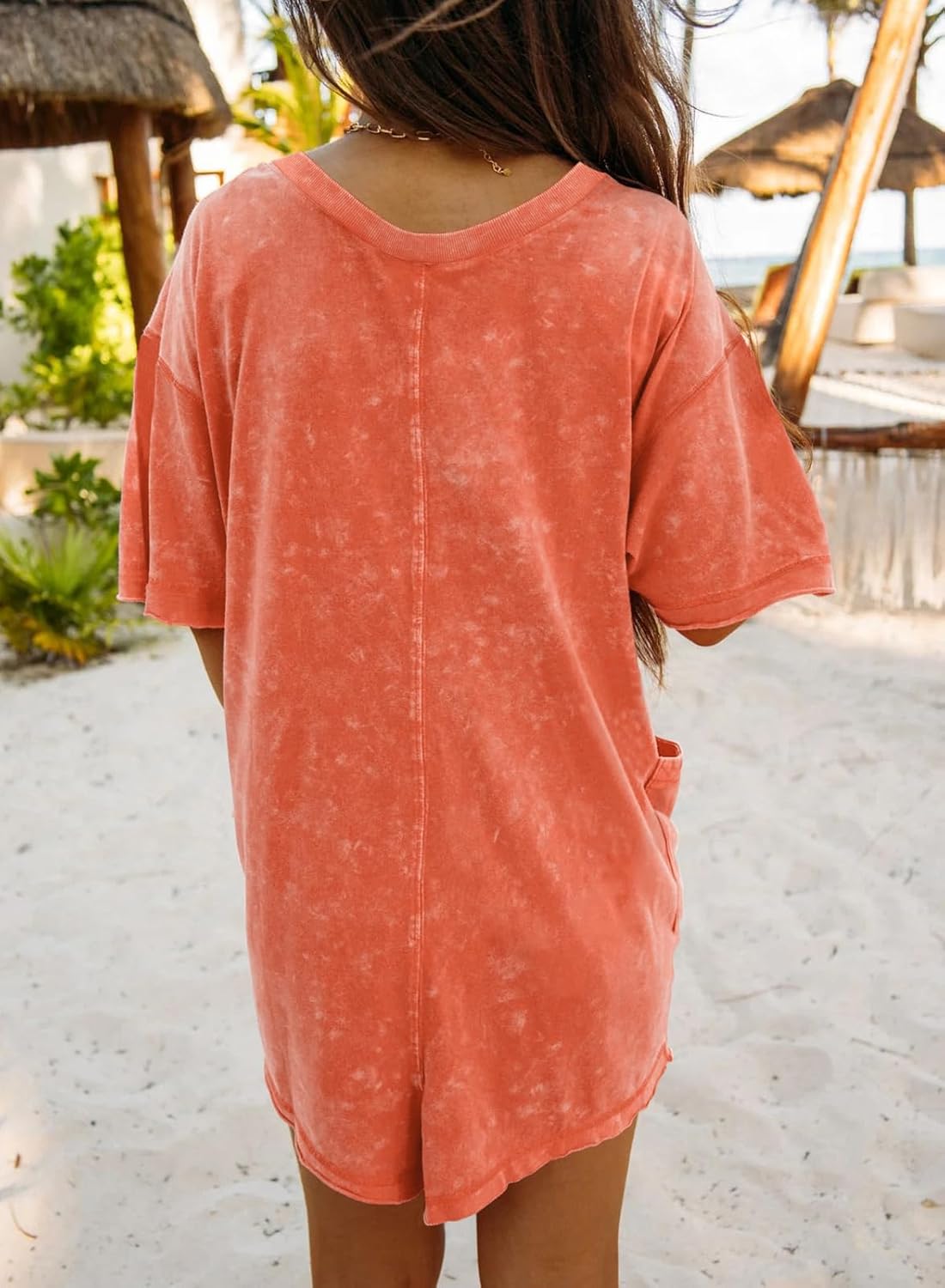 Womens Mineral Washed Summer Casual Short Sleeve V Neck Rompers Jumpsuit Outfits with Pockets - Image 4