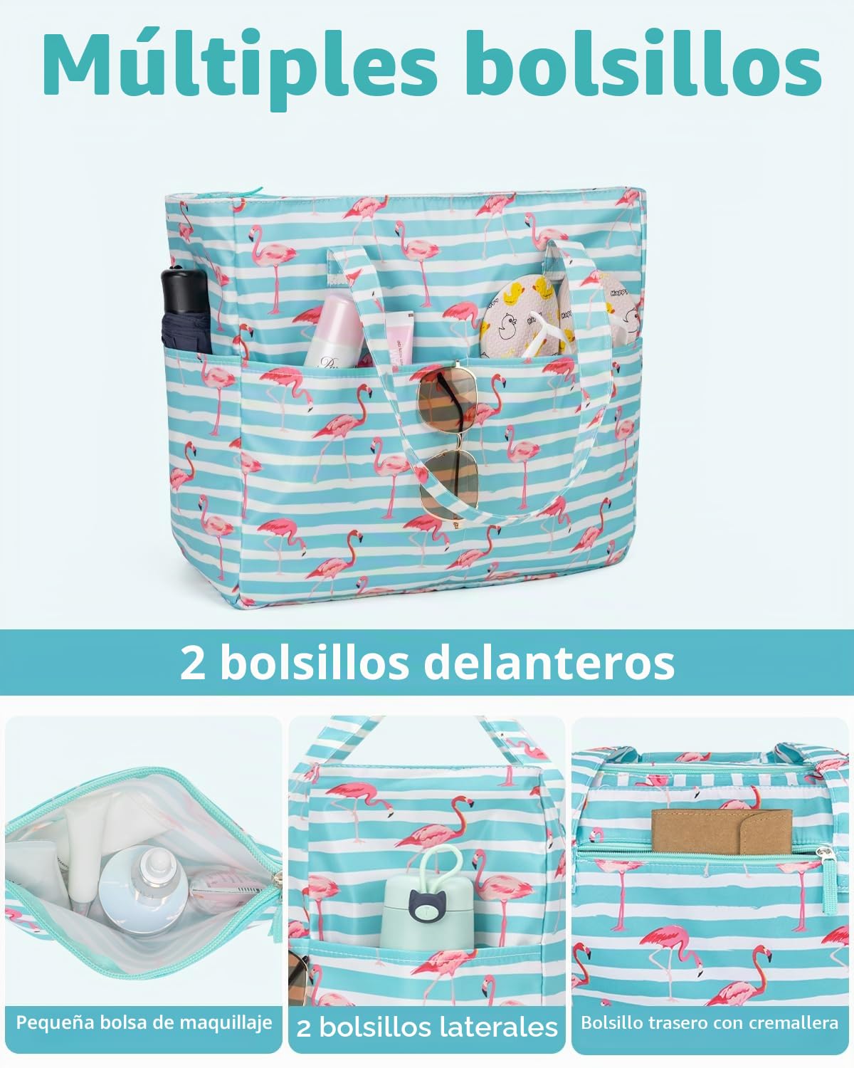 KABAQOO Bolsa de Playa XXL Familiar con Cremallera y Compartimento Impermeable, Bolsa Piscina Mujer Bolso de Mano Shopper Grande Plegable y Ligero para Viajes y Natación, Flamenco verde y blanco