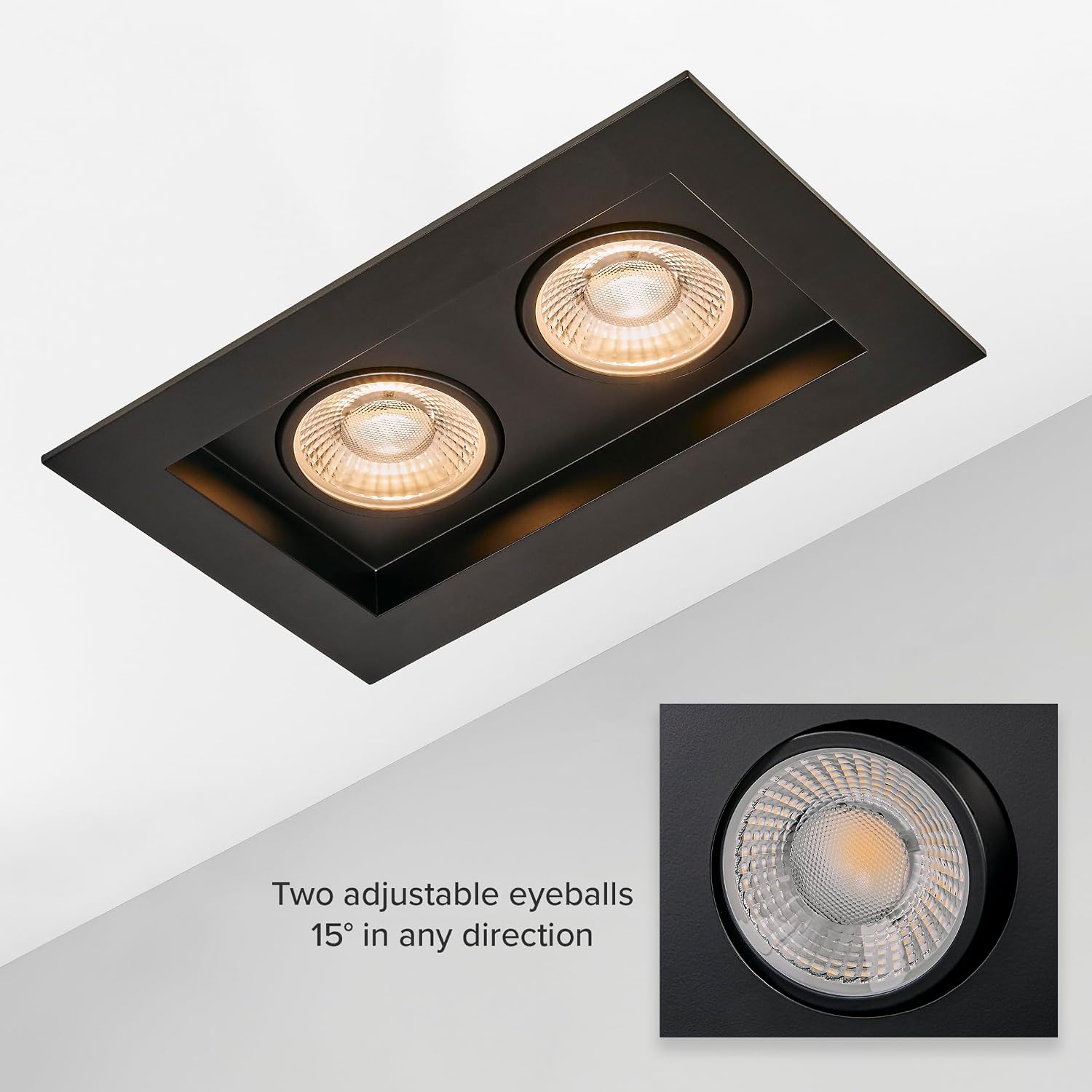 Maxxima 4 in. Two Head Slim Square Recessed Anti-Glare LED Gimbal Downlight, Black, Canless IC Rated, 2000 Lumens 5 CCT Selectable 2700K/3000K/3500K/4000K/5000K Dimmable 90 CRI J-Box Included