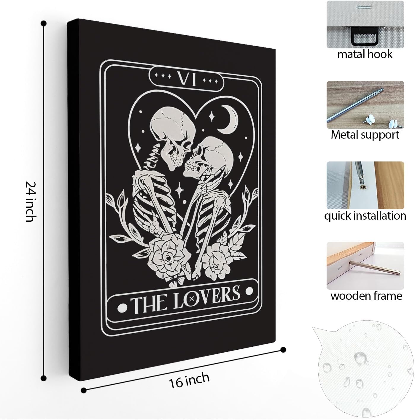 APJYM Gothic Skeleton Wall Decor, Tarot Card the Lover Canvas Wall Art, valentine's day decorations, Tarot Decor, Gothic Home Decor, Witchy Room Wall Decor, valentine's day gift, Gothic Halloween Wall Decor, Witch Stuff, 16x24 Inches Framed