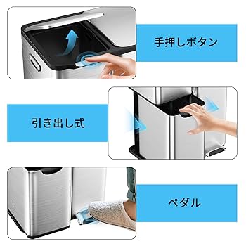mVm ゴミ箱 60L 2×30L ダストボックス ペダル式 蓋つき ステンレス Amazon｜mVm ゴミ箱 60L 横型 2分別 2×30L ダストボックス