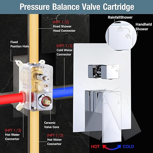 Miniatura 4 de HGN Sistema de ducha de 10 pulgadas con desviador de botón, cabezal de ducha de lluvia con rociador de mano, juego de grifo de ducha de alta presión