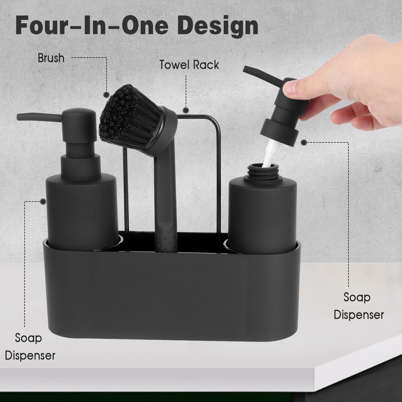 CAUTIOUS Porta Spugne Lavello Cucina, Dispenser Sapone Cucina Nero 4 in 1, Porta Spugne Lavello con Portasciugamani Dispenser di Detersivo Ricaricabil, Dispenser Detersivo Piatti per Cucine e Bagni