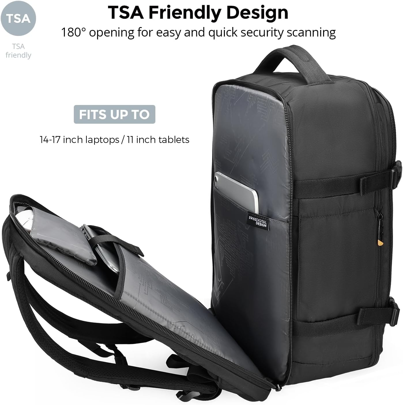 Swissdigital Design Travel Laptop Backpack 43l with USB Charging Port,TSA Friendly Flight Approved Carry-on Luggage Hand,Business Backpack,Large Weekender Bag Fits 17 Inch Laptop Black | SD1748-01 image 3