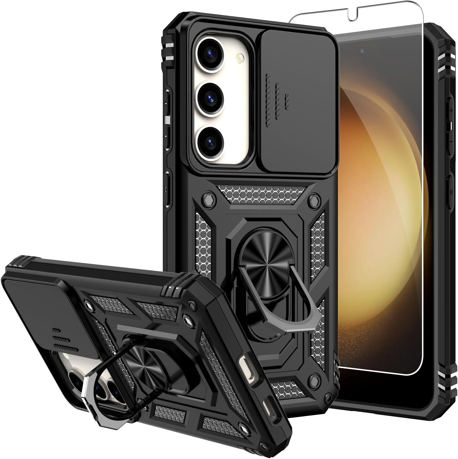 for Galaxy S23 Case,Samsung Galaxy S23 Case,with Screen Protectors and Camera Cover,[Military Grade] 16ft.Drop Tested Cover with Magnetic Kickstand Protective Case for S23 6.1 inch, Black