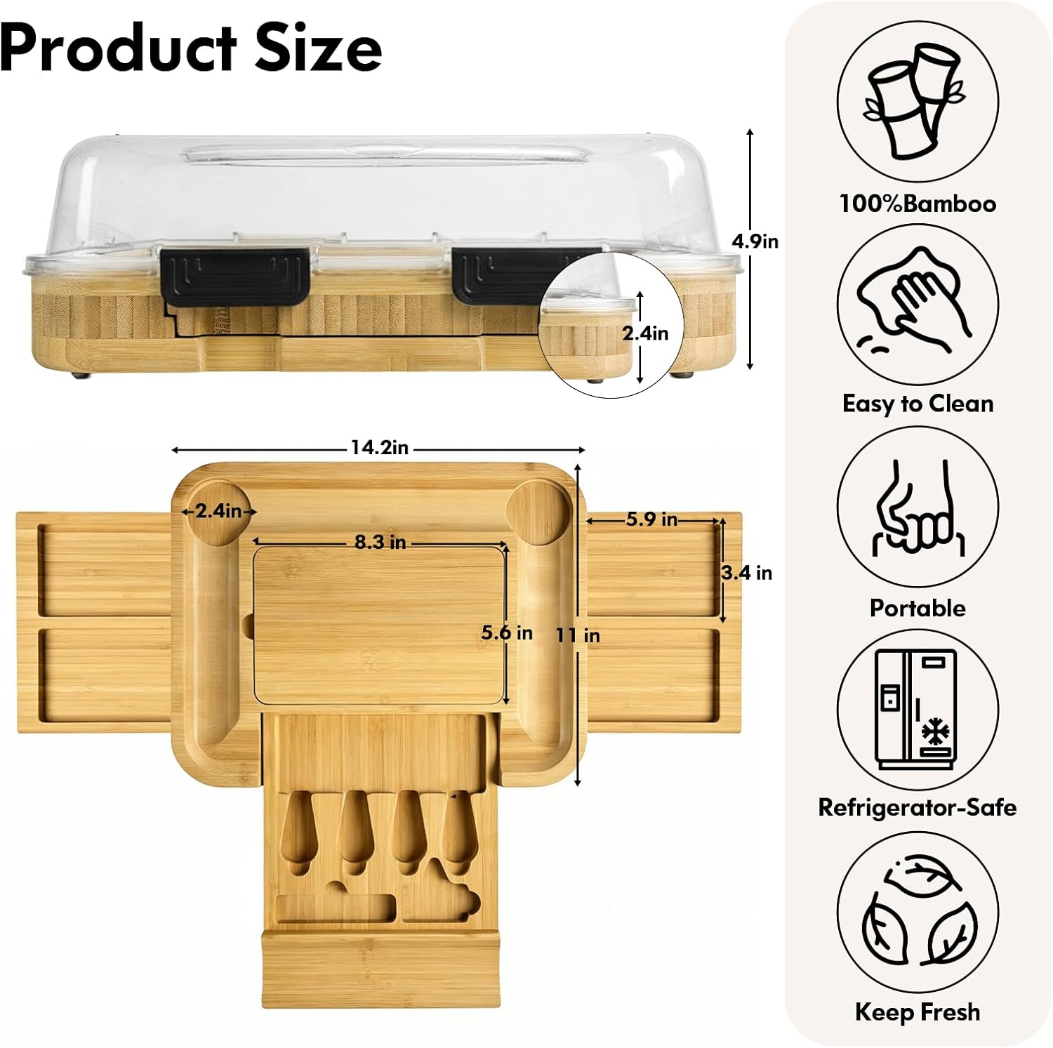 Charcuterie Board with Lid Gift Set - Cheese Bamboo Tray with Utensils, 2 Sauce Bowls,Fruit Tray and Food-Grade Seal Included - Portable with Handle for Travel, Parties, Kitchen Gifts for Women - Image 3
