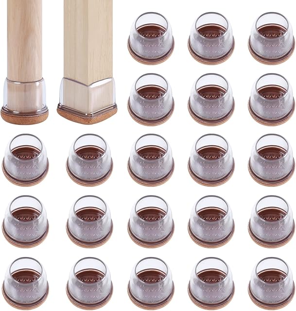 RCHYFEED 24PCS Silicone Chair Leg Floor Protectors 0.55-1.25 inch, Transparent Furniture Leg Caps Cups with Felt Pads for Protecting Hardwood Floors from Scratches, Furniture Sliders Table Leg Cover