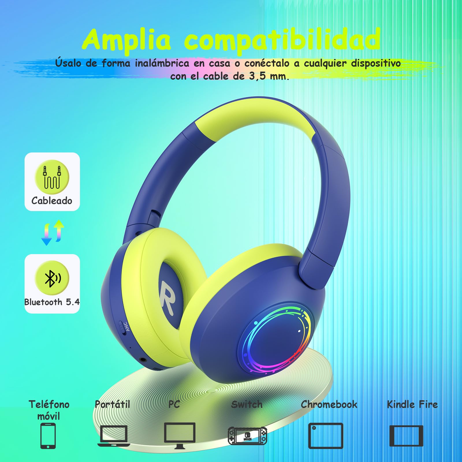 TONOSHARK Cascos Inalambricos Bluetooth Niña, Auriculares Niños con Cancelación De Ruido, Luces LED RGB Coloridas, Tiempo Reproducción De 60 Horas, Bluetooth 5.4 - Incluye Estuche Portátil (Azul)