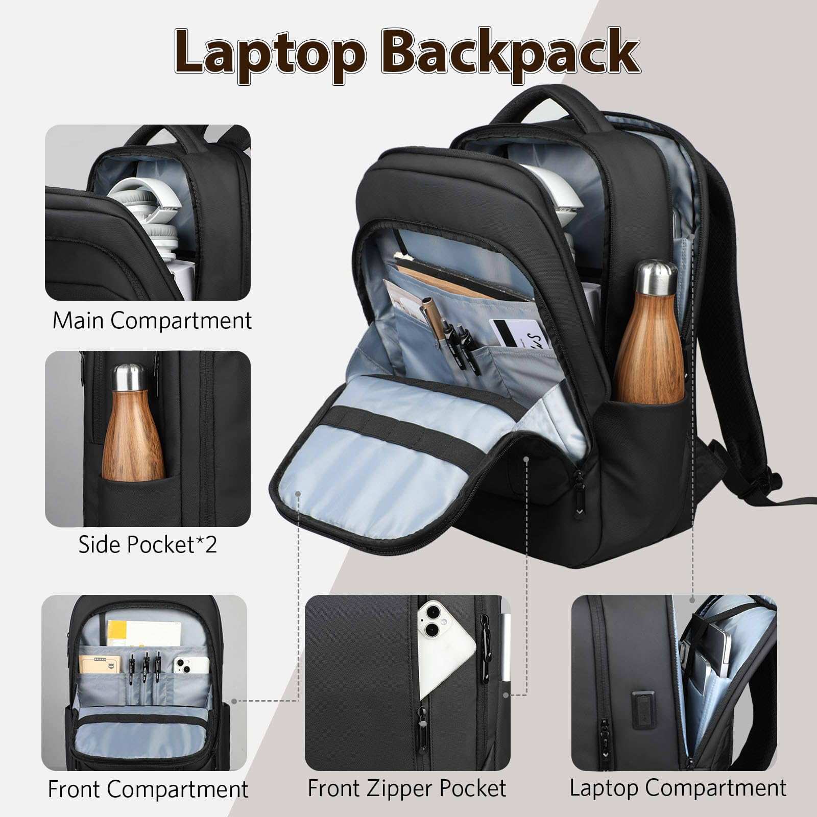 hk Sac à Dos Ordinateur Portable 15,6" Homme Imperméable avec Port USB | Grande capacité compartiment PC rembourré idéal pour travail université voyage déplacements quotidiens noir