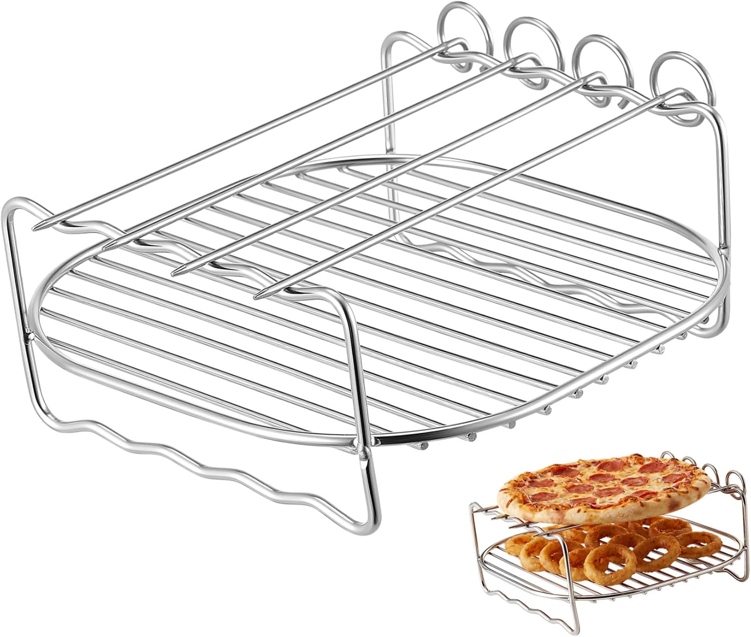 ULTECHNOVO Rectangular Stainless Steel Grill Rack for Air Fryer Accessories with Multi-Purpose Use and Skewer Holder, Sturdy Silver Cooking Cooling Rack for Kitchen and Outdoor Grilling