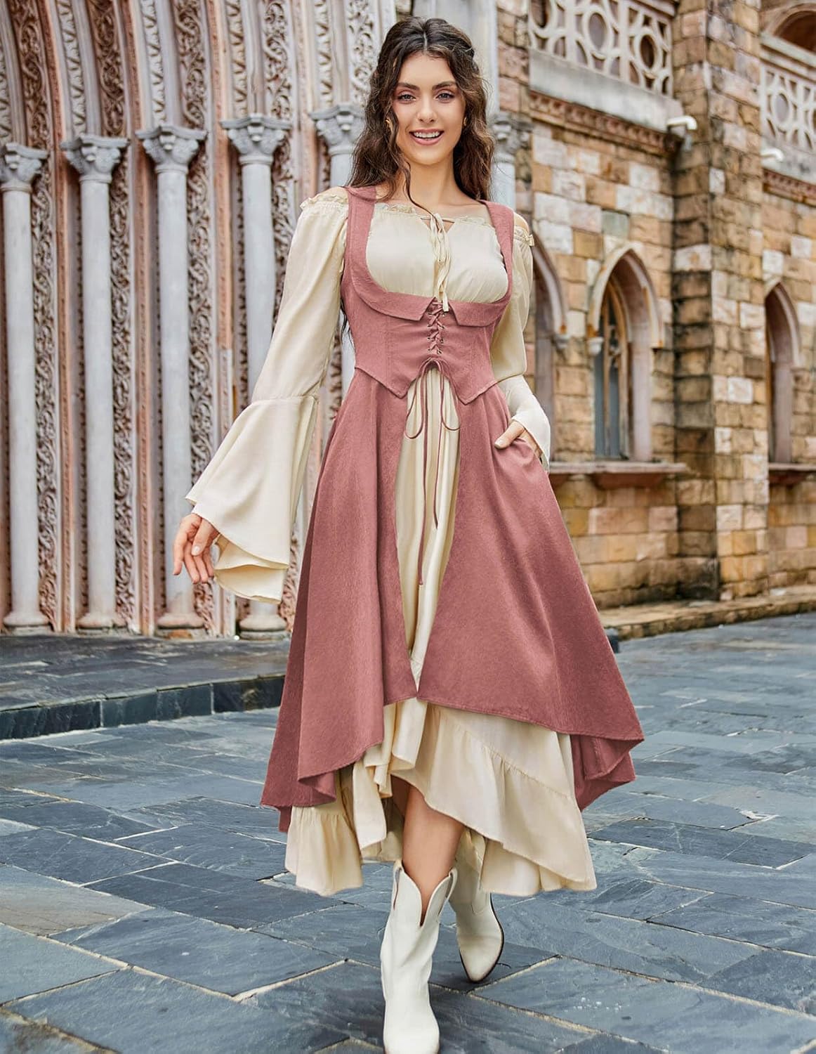 Scarlet Darkness Women Renaissance Costume Underbust Pirate Peasant High Low Dress with Pockets - Image 7