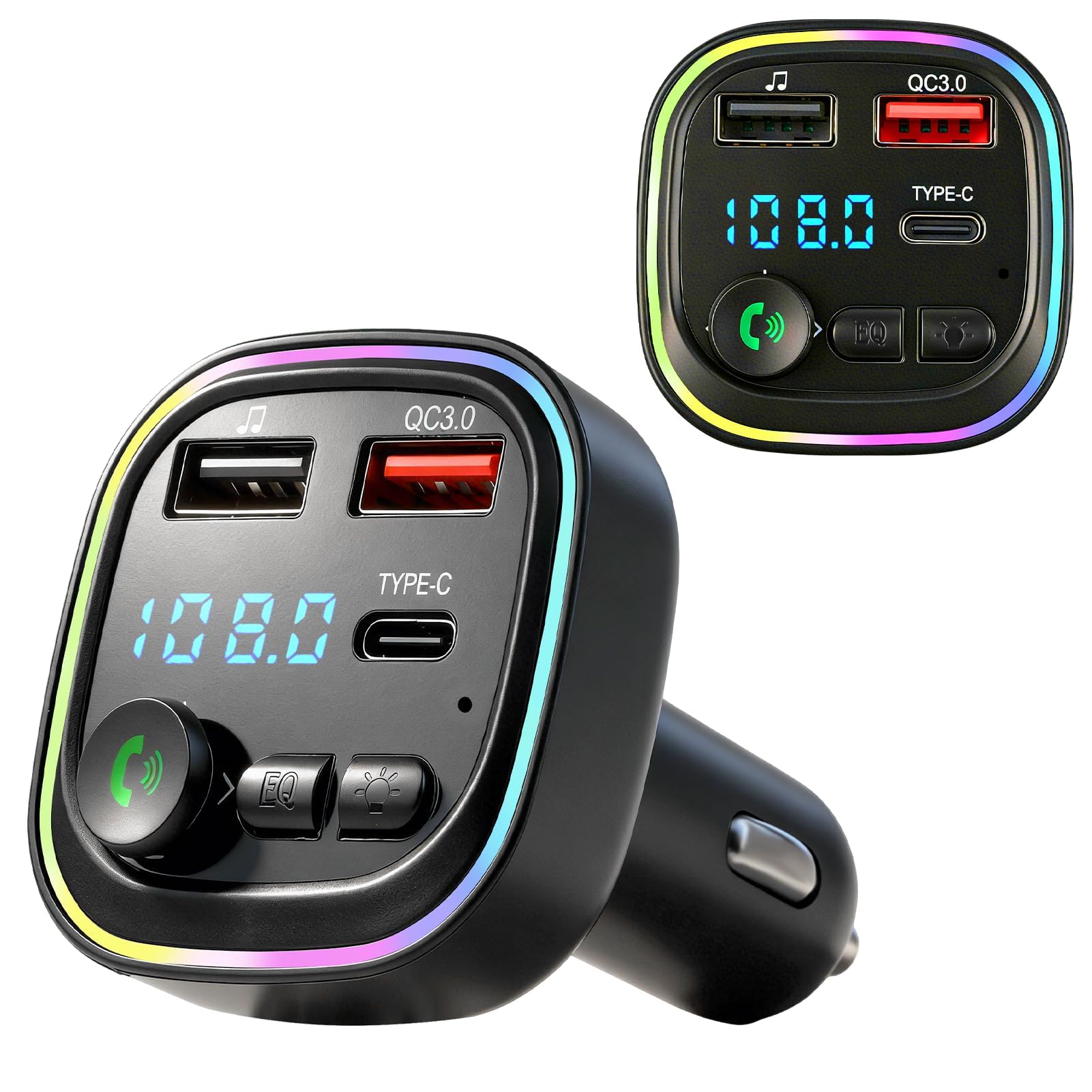 Bluetooth Car Adapter FM Transmitter PD 30W Fast Charging, QC3.0 USB C Cigarette Lighter Adapter with LED Display, Wireless Music and Hands Free Calling Use