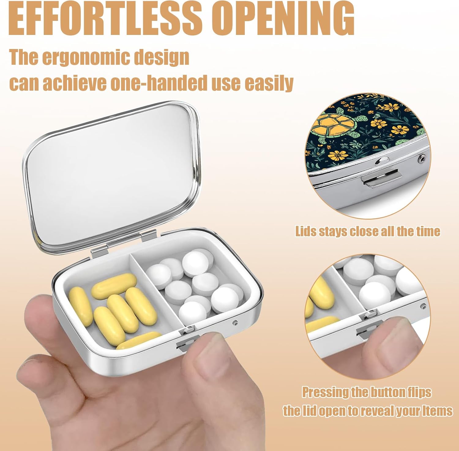 Pill Box-2 Compartment Small Pill Case Square Organizer Case with Mirror Portable Metal Medicine Box Travel Container for Pocket & Purse Women Men（Sea Tutle Yellow Flower） image 3
