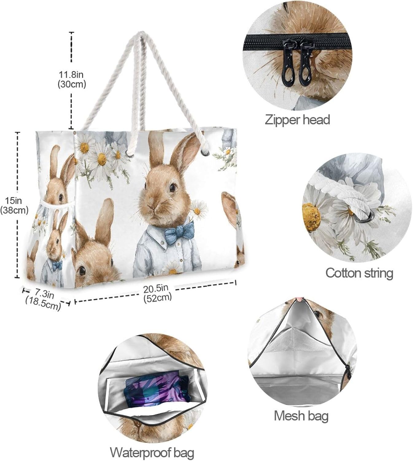 OTVEE Bunny and Daisy Pattern Beach Bags for Women Ladies Large Canvas Tote Shoulder Bag Waterproof Travel Bags for Gym Swim Pool Camping