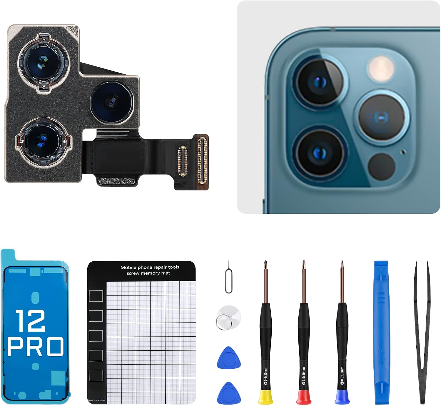 for iPhone 12 pro Back Camera Replacement Kit OEM 12MP Main Rear Lens Parts with Ultra Wide Telephoto Lens OIS HDR Photos 4K Video Flex Cable Fix Repair Assembly Tools A2341 A2406 A2407 A2408