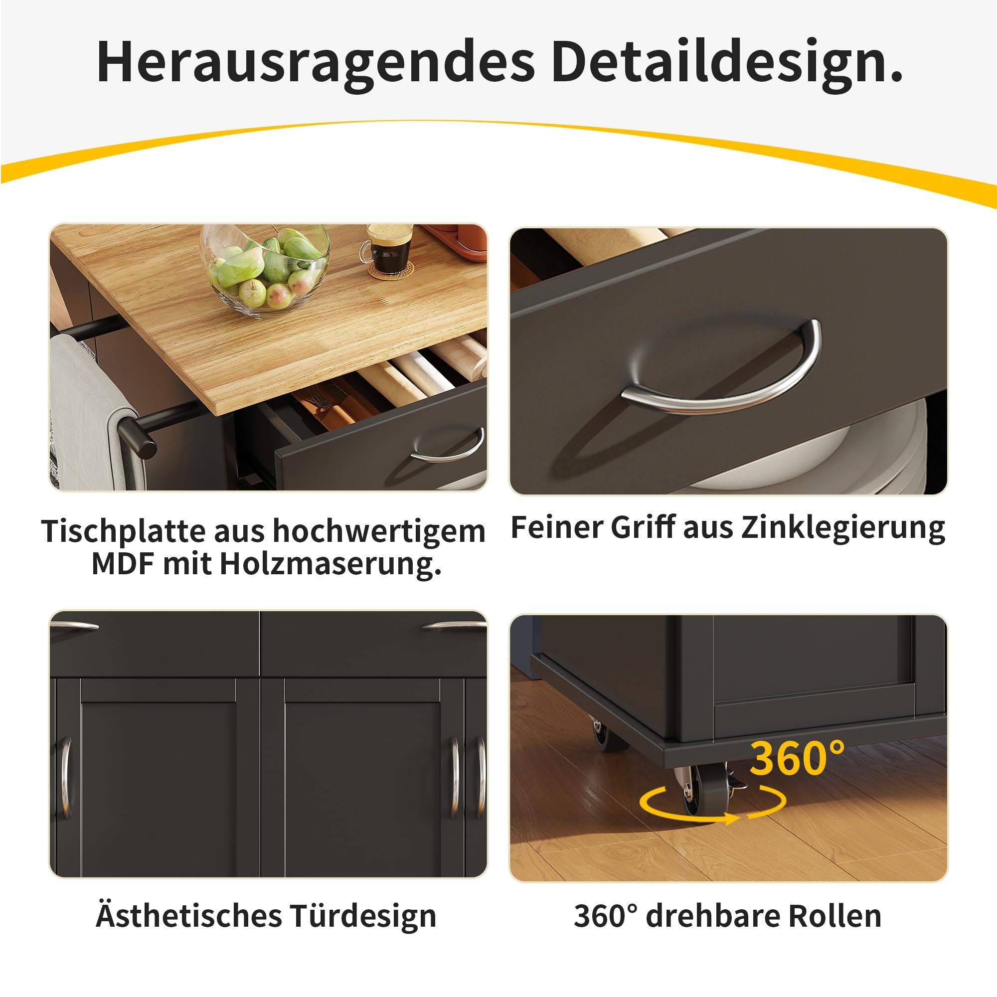 Kücheninsel 106×50×90.5cm mit Holzmaserung Multifunktionale Esstisch Schwarz