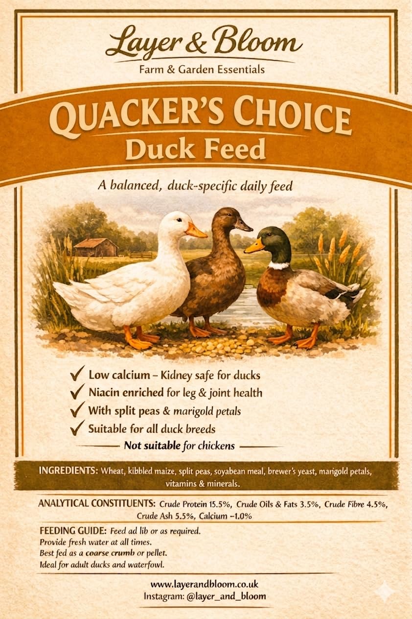 10kg Quacker's Choice Duck Feed, Balanced Daily Feed, Low Calcium, Niacin Enriched, Split Peas & Marigold Petals, All Duck Breeds