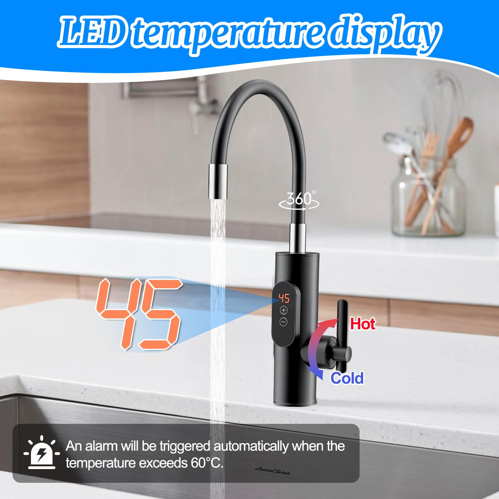 Yolispa Elektryczny kran z podgrzewaczem wody, 3300 W, kran z podgrzewaczem wody, z cyfrowym wyświetlaczem, regulowana temperatura, elektryczny podgrzewacz wody, obracany o 360°