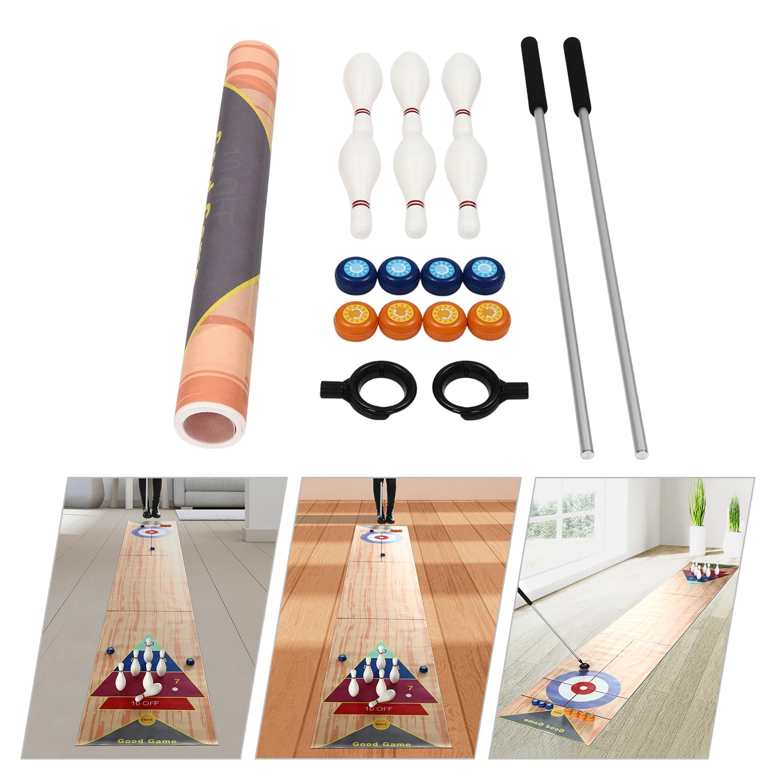 Gioco di quilling 3 in 1, 360 x 57 cm, portatile, gioco di birilli da tavolo, set di birilli da curling con 6 bowling e 2 putter per bambini, per feste di famiglia