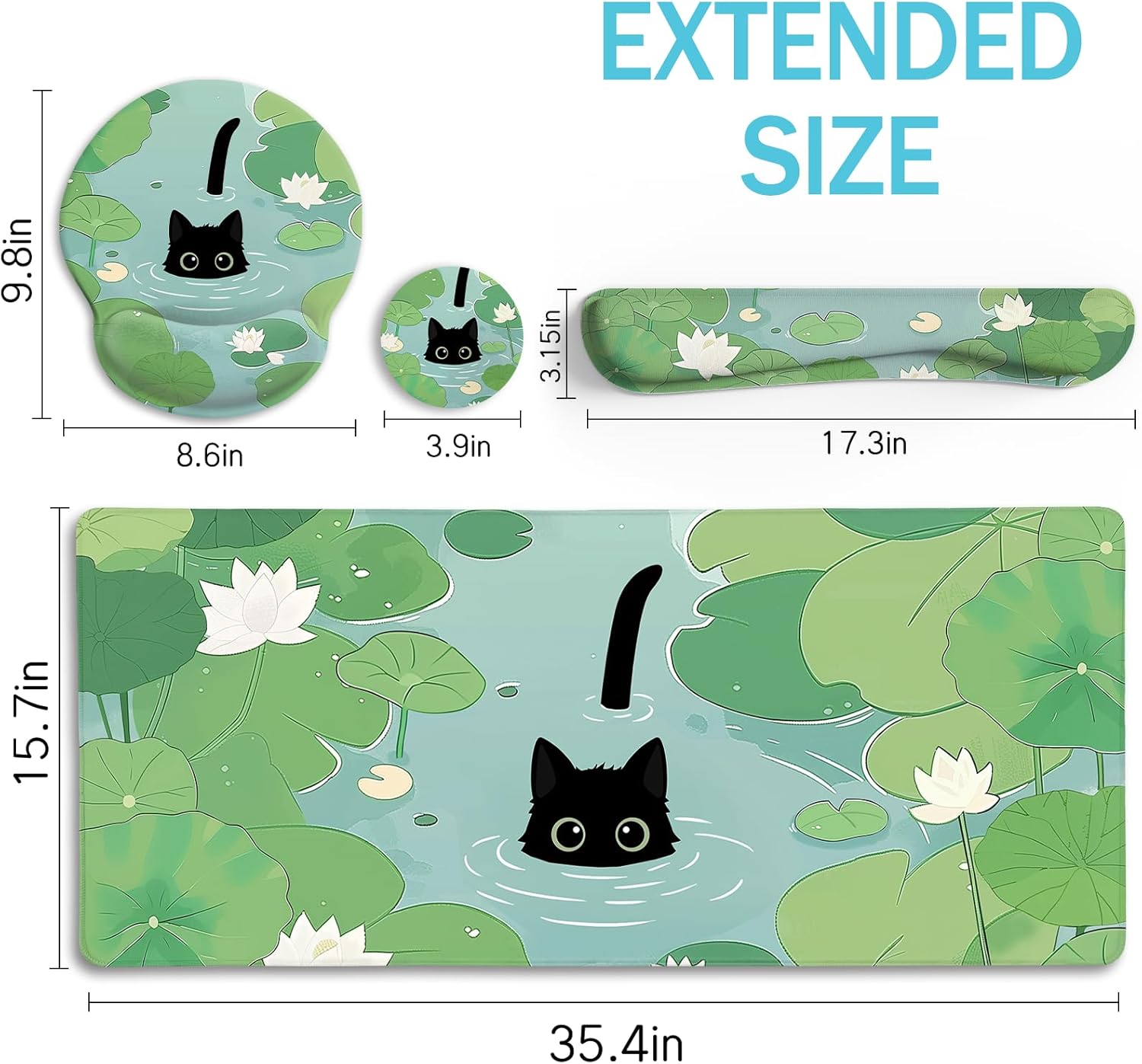 Blusabaca Mouse Pad Desk Pad, Cat Lotus Leaf Desk Mat Large Gaming Mouse Pad with Wrist Rest Cute, Keyboard Pad Wrist Rest Ergonomic, Cup Coaster, Work Home Accessories Office Supplies Decor