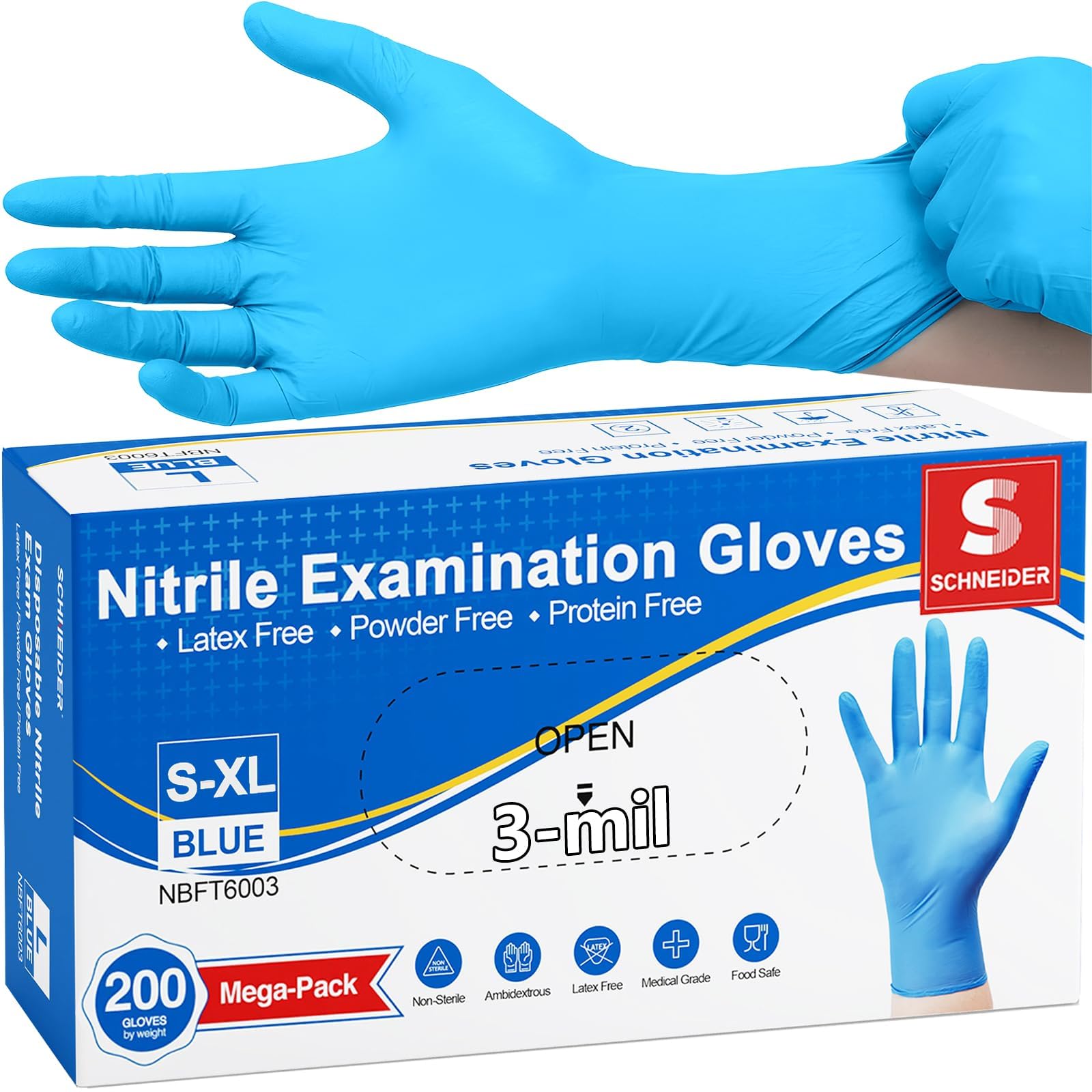 Photo 1 of Schneider Medical Nitrile Exam Gloves, Powder-Free, Latex-Free, Non-Sterile Disposable Gloves for Medical Use, Cleaning and Food Prep, Blue, 200 Count, Medium