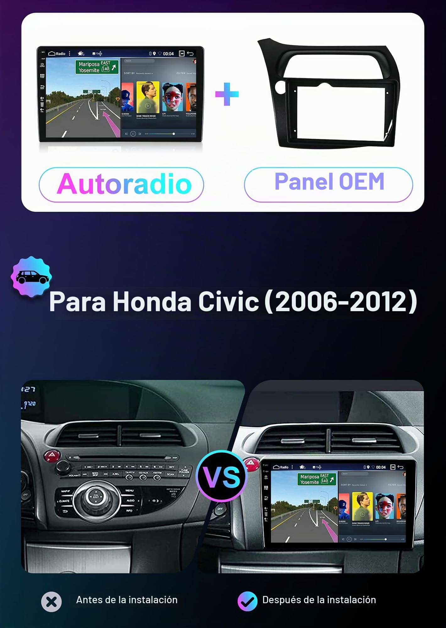 Android 14 Autoradio con navi para Honda Civic (2006-2011)-Incorporado CarPlay/Android Auto/GPS-IPS 2.5D 9”Pantalla-Dab/Bluetooth 5.0/Control del Volante/USB/WiFi/MirrorLink/4G