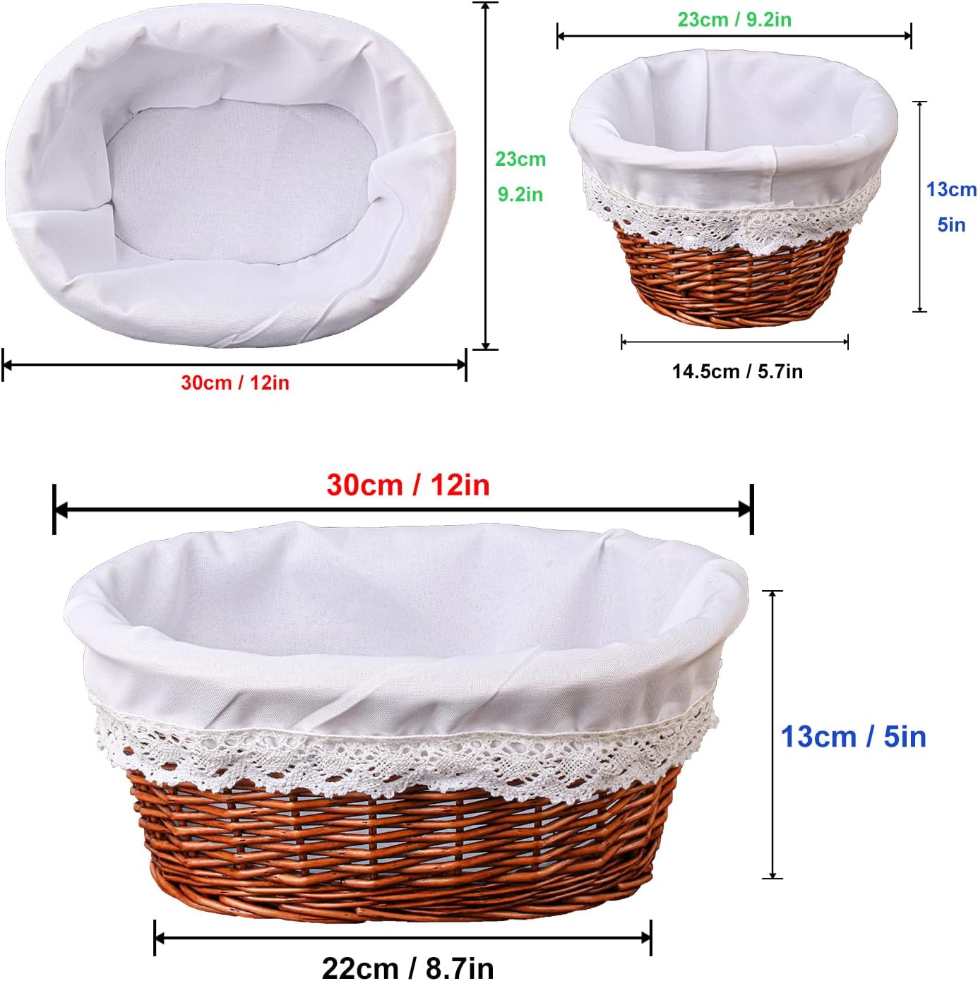 2 Pack 12 Inch Oval Wicker Bread Basket, Elegant Woven Wicker Bread Baskets for Serving, Sourdough Proofing Basket with Removable Liner and Cover