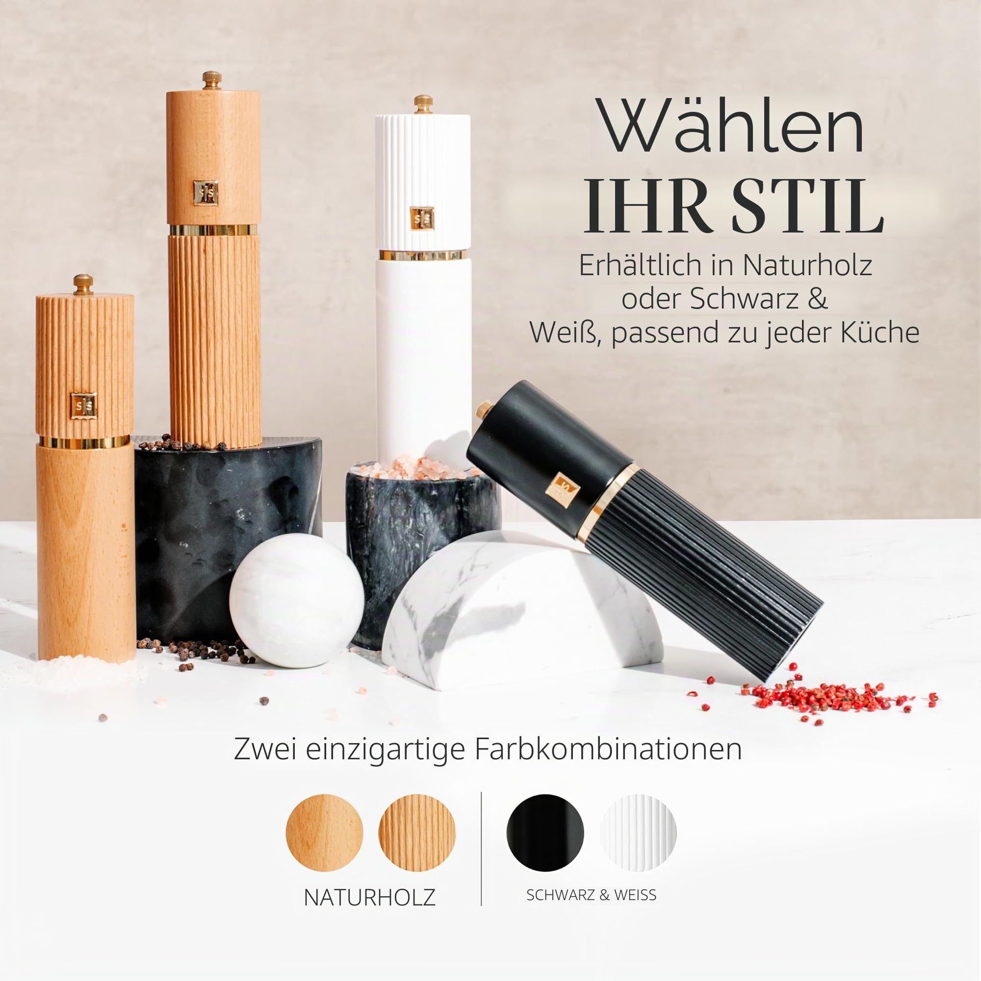 Styled Settings Salz- und Pfeffermühlen-Set Weiß-Schwarz-Gold – 2-teiliges manuelles Holz-Set mit verstellbarem Keramikmahlwerk & Holzständer – Geschenkidee