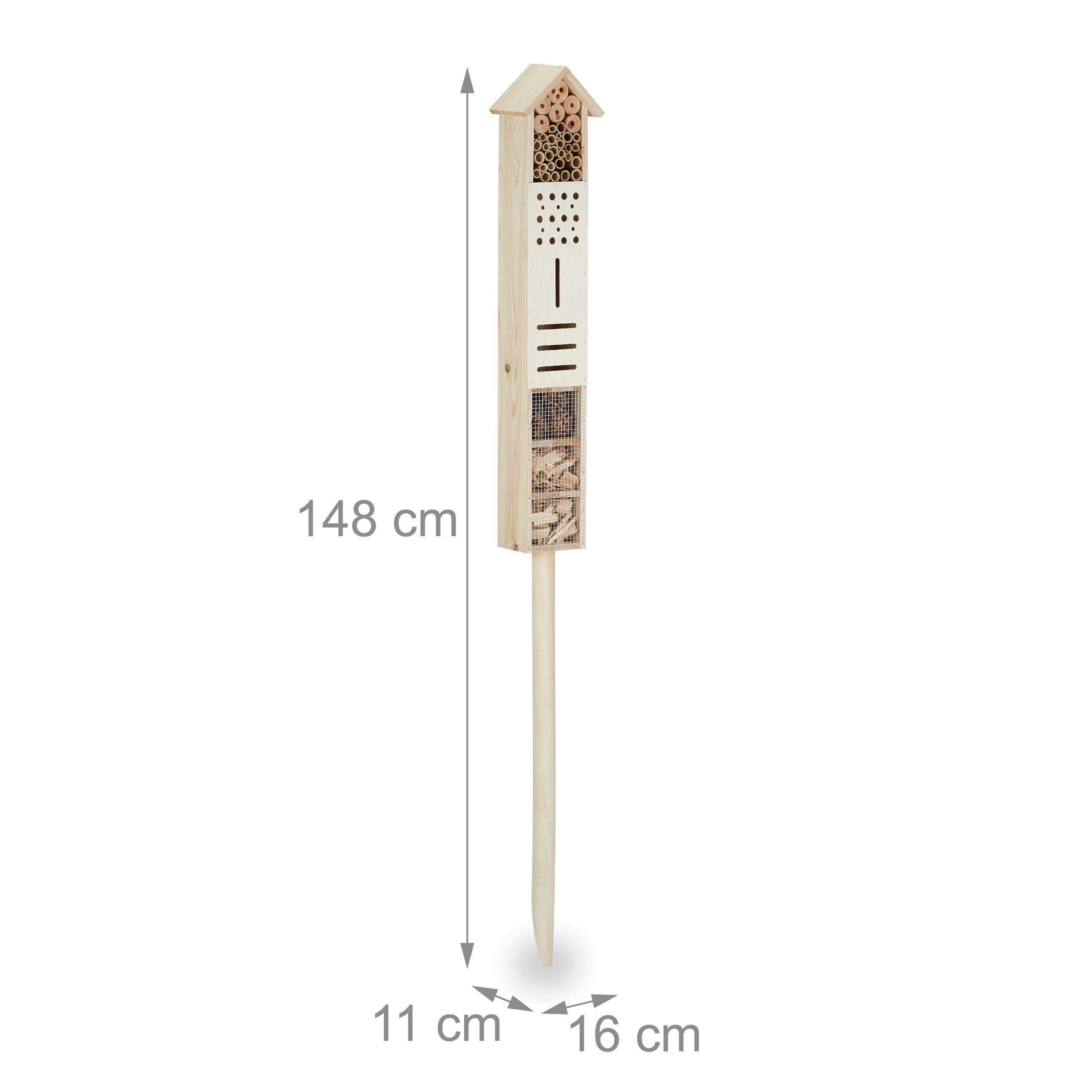 Hotel para insectos Relaxdays con espiga para el suelo, ayuda a la anidación, grande, de pie, hotel de abejas silvestres, madera, 148 cm de altura, natural, 148 x 16 x 11 cm