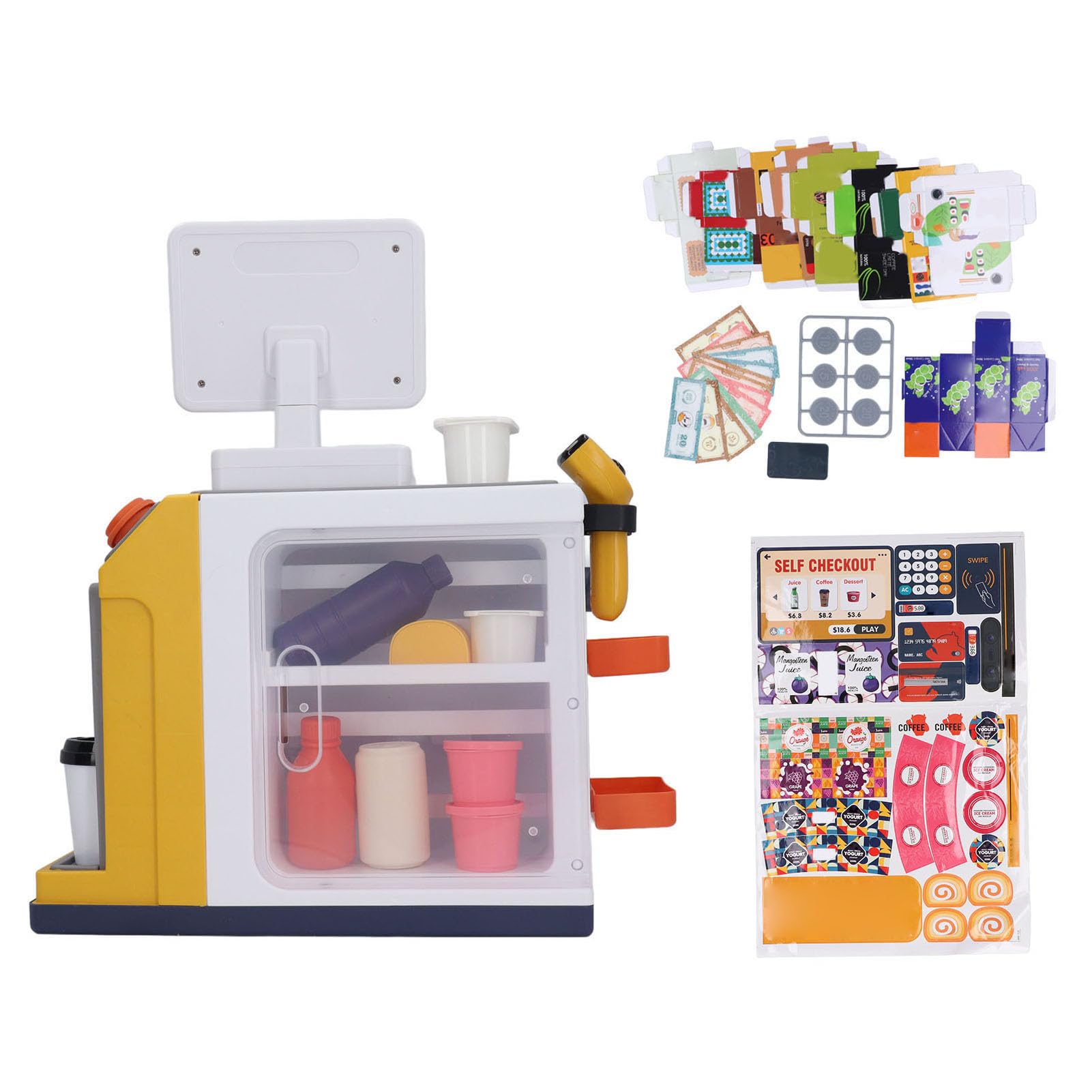 Set di Giocattoli Simulati per Supermercato per Giochi di Finzione con Registratore di Cassa, Caffettiera e Scanner di Codici a Barre per Bambini 37x20,5x41 Cm