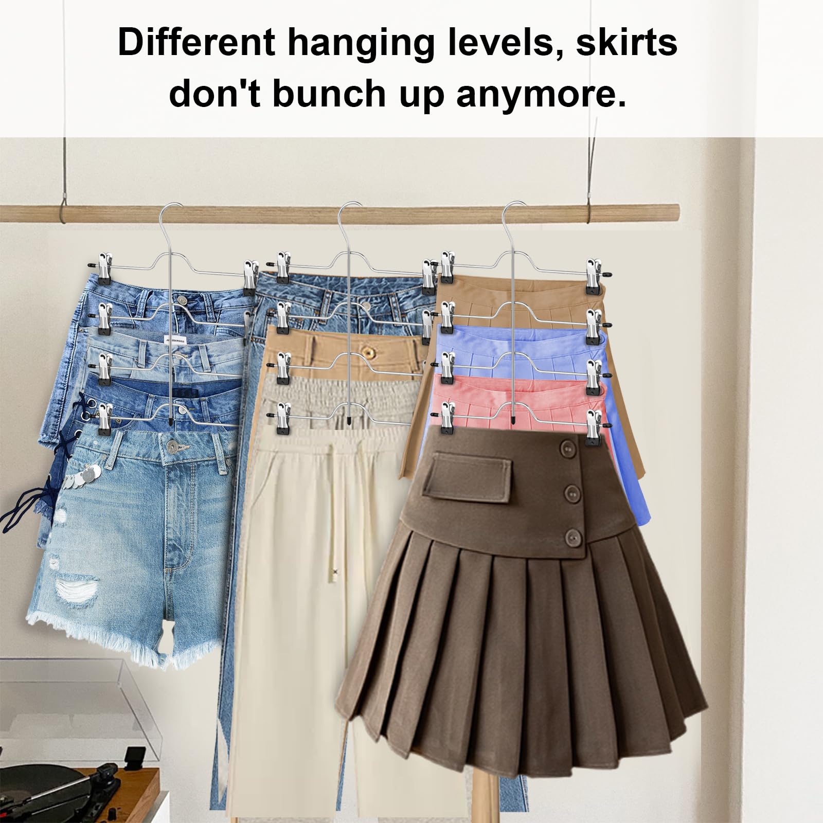 ABHENG Hosenbügel Kleiderbügel, Metall Kleiderbügel mit Anti-Rutsch für Hosen Röcke Socken Unterwäsche, 3er Set, für je 4 Hosen, mit 8 verstellbaren Klammern, Silbern-Schwarz,32B x 35H cm, AIY0103B