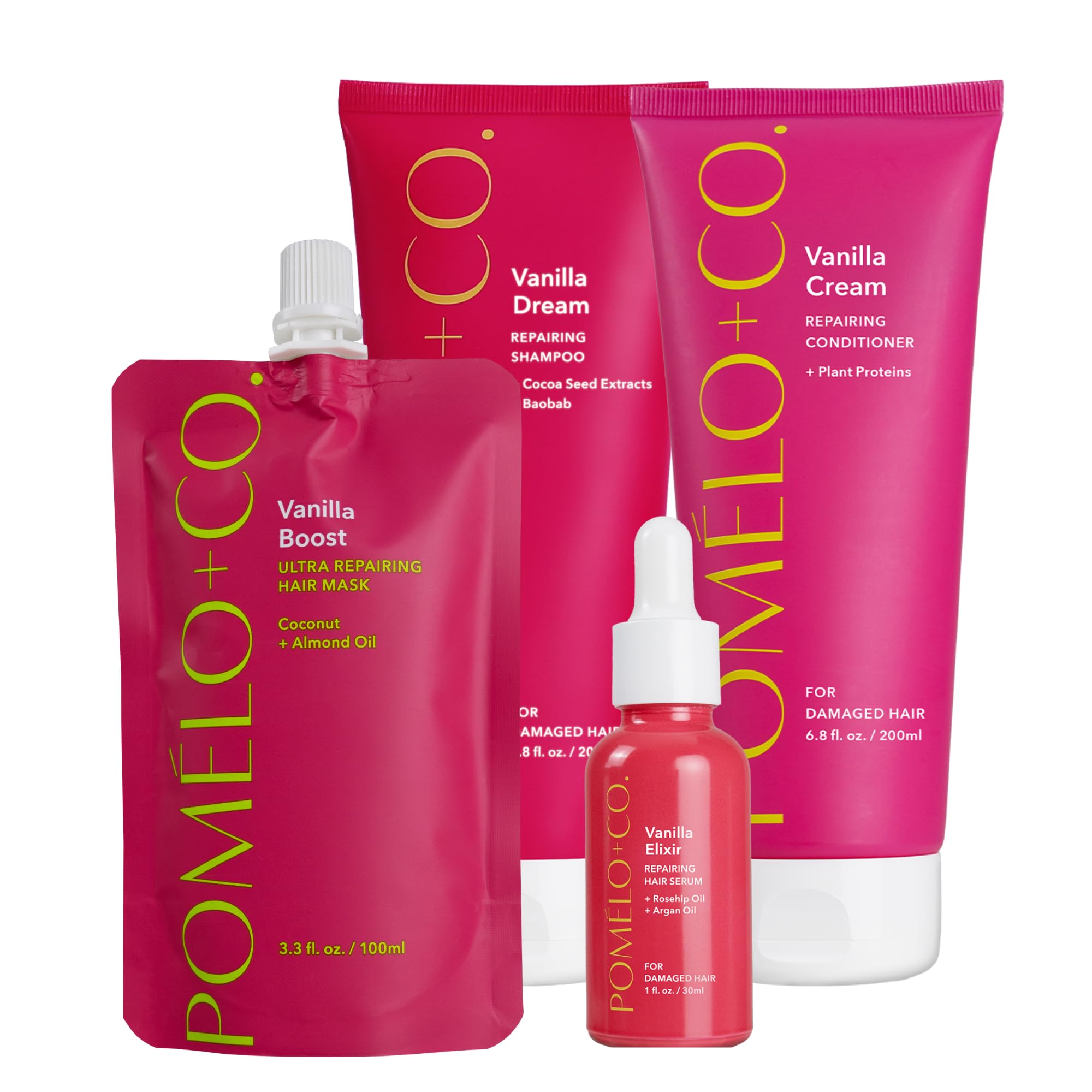 Pomélo+Co. Vanilla Line Advanced Repair Routine 4er Set - geschädigtes Haar | Shampoo - Conditioner - Pre-Shower Maske und Haarserum für glänzendes Haar - vier Produkte für trockenes und brüchiges Haar