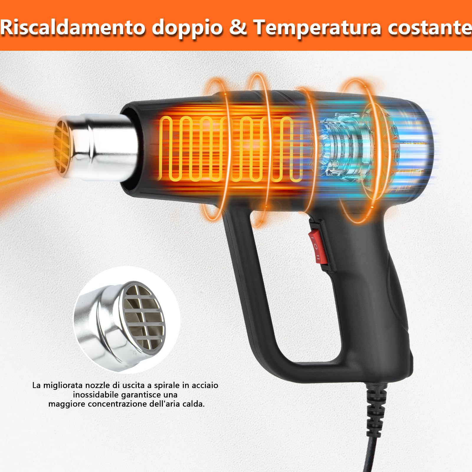 Pistola ad Aria Calda & Pistola Termica Professionale 2000W | 4 Ugelli, 60-600°C (2 Livelli), Riscaldamento Rapido | Sverniciare, Saldare, Tubi Termoretraibili | Protezione Surriscaldamento, Ignifugo