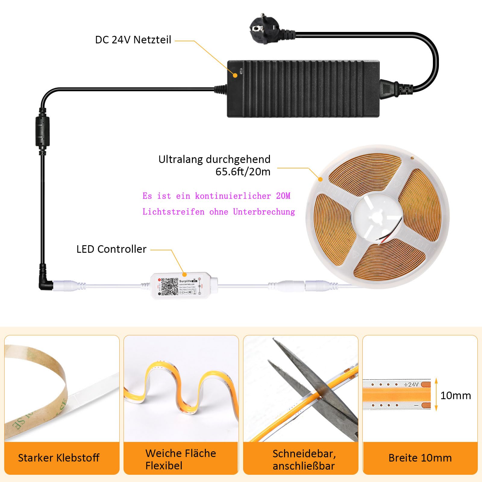 20 m Wifi Smart COB LED Striscia luminosa 2700 k bianco caldo, 384 led/M DC12 V, CRI 90+, 5670 lm, nastro LED COB set funziona con Google Home Assistant/Alexa, con dimmer wifi e alimentazione