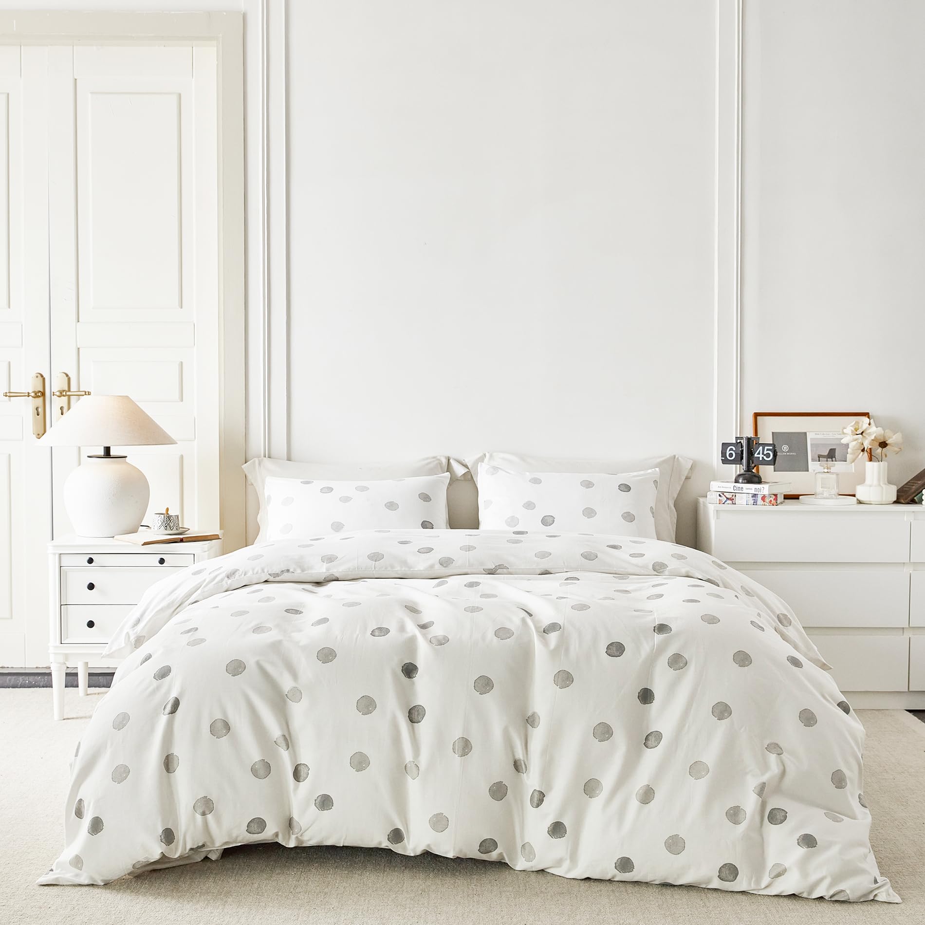 Grey White Geometric Duvet Cover King 100% Cotton 3 Pcs Set 1 Simple Black Circle Pattern Duvet Cover with Zipper Ties 2 Pillowcases Modern Polka Dots Print Bedding Set Soft