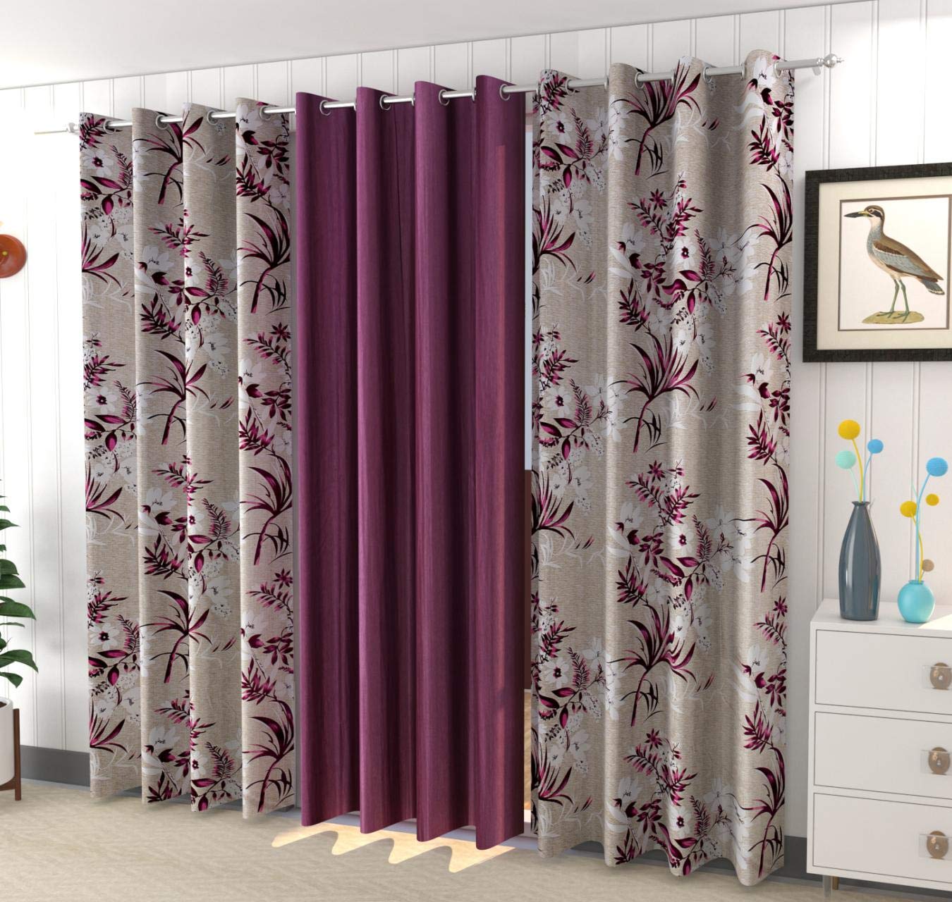 Impression Hut Long Print Earth Grass with Floral + Plain Curtains for Window 3 Pc. Color Wine Size 4 Feet x 6 Feet