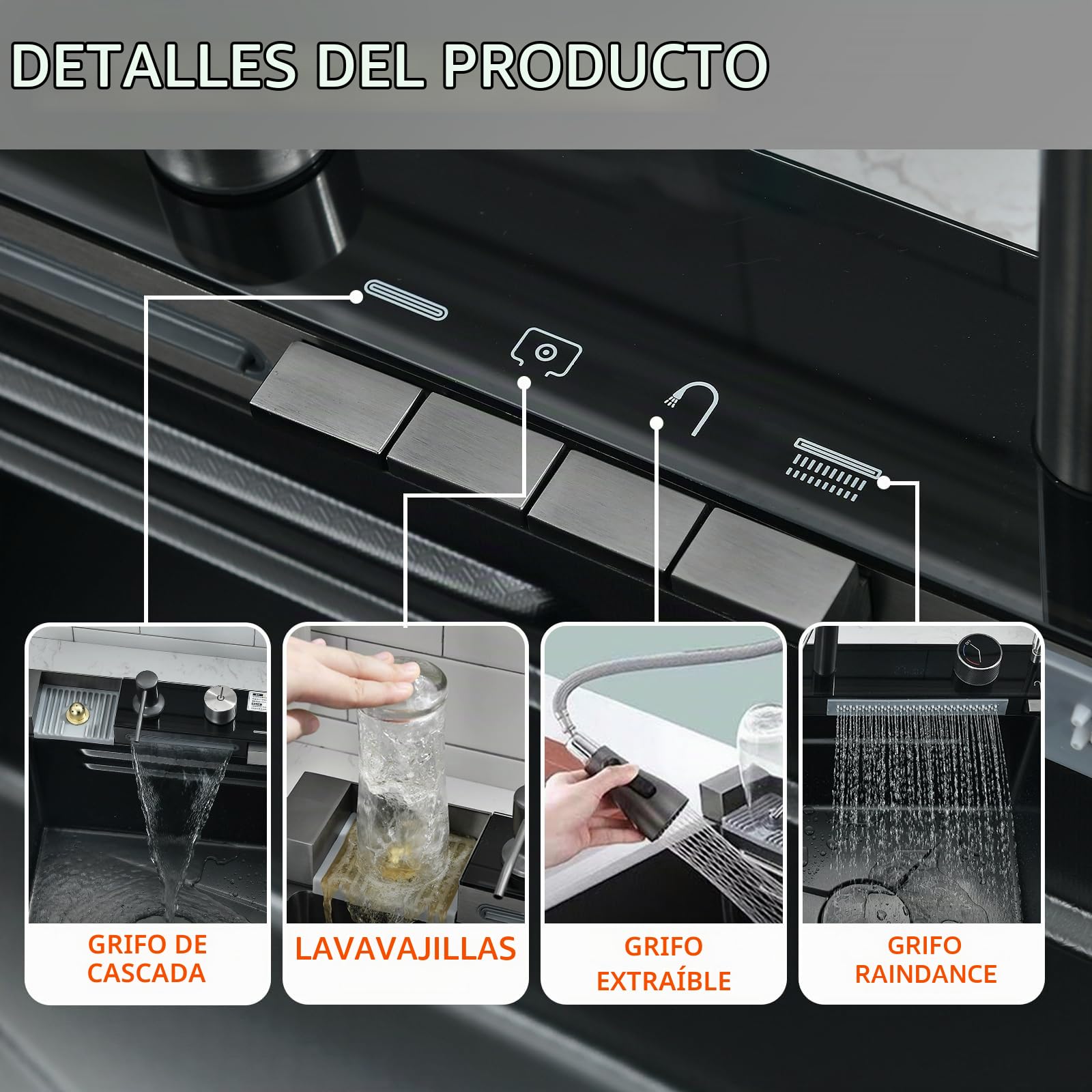 Fregadero Cocina Multifuncional 1 Seno Negro 80x45 cm | Fregadero Cascada en Acero Inoxidable 304, Grifo Extraíble y Grifo Filtrante, Tabla de Cortar y Accesorios Completos