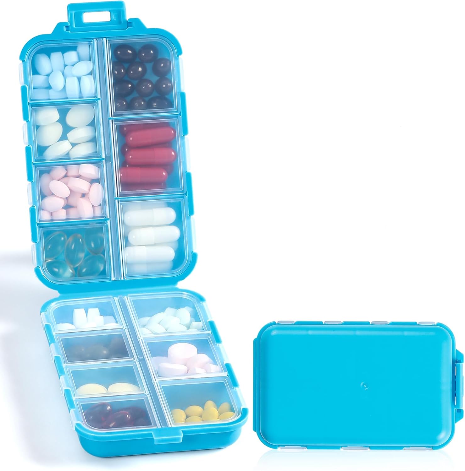 Travel Pill Organizer with Bulk Stickers & Labels - Small & Portable Week Daily Medicine Pharmacy for Pocket, Bag - 14-Compartment Foldable Supplement Box Holder for Fish Oil Vitamin - Blue