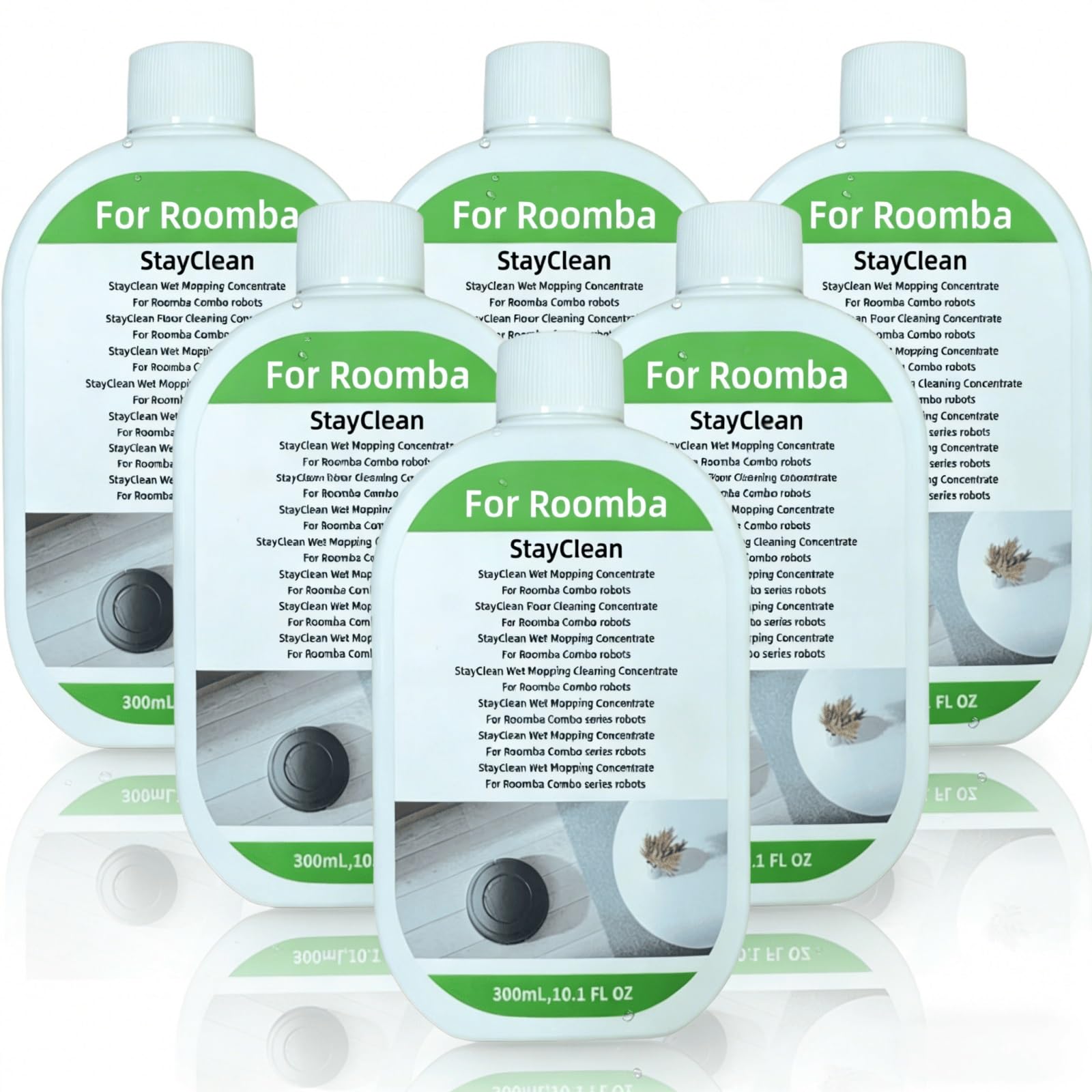 StayClean Concentrado, Limpiador for Suelos De Robot Aspirador, Solución De Fregado De Baja Espuma Compatible Con Roomba 705/505/405 Plus/Max/, Fragancia Fresca, Sin Residuos (6 x 300ml)