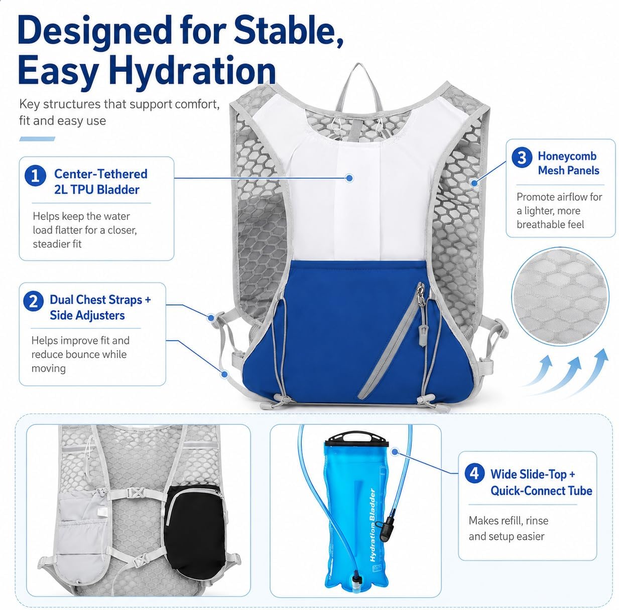 Hydration Running Vest with 2L Center-Tethered Bladder | Center-tethered 2L reservoir helps limit bulging; wide slide-top opening makes filling and rinsing easier.