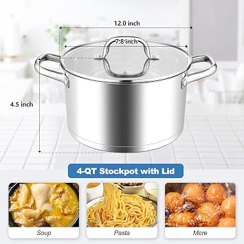 Homikit Stainless Steel Stock Pot 4 Quart, Induction Stockpot with lid for Soup Pasta Sauce Cooking Simmering, Tri-ply Heavy Bottom Compatible with All Stove, Dishwasher Safe