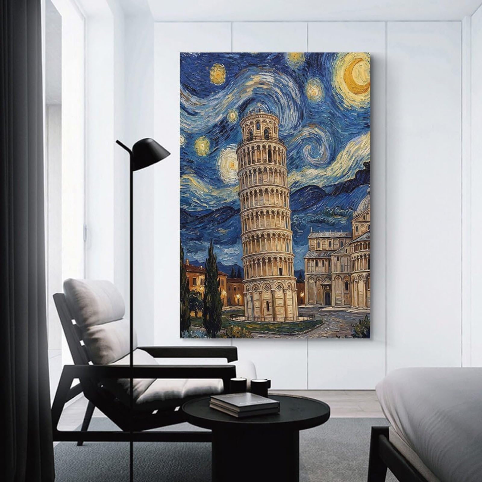 Junmoney Unframe-Style-16 Canvas Wall Art Leaning Tower Of Pisa In Starry Night Style, 20X30inch(50X75cm), For Bedroom, Lounge Or Dressing Area, Canvas Wall Decor For Personal Spaces