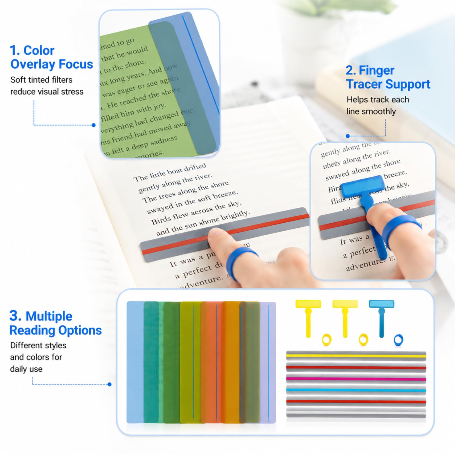 16 Piezas Tiras de Lectura Guiada, Incluir Regla de Seguimiento, Brazalete para Dislexia, Rastreador de Dedos, Varios Colores, para Facilitar la Lectura, Aliviar Estrés Visual