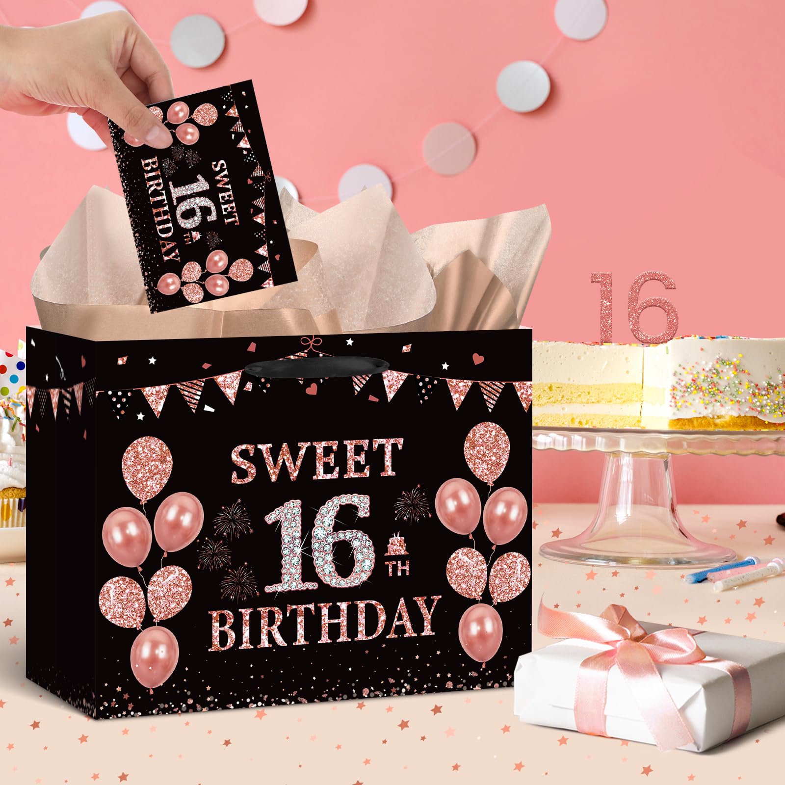 Yoirrat Black Rose Gold 16th Birthday Gift Bag with Sweet 16 Birthday Greeting Card and Tissue Paper for Girls Happy 16th Birthday Gift Wrap Bag for 16th Birthday Christmas Party Decorations Supplies