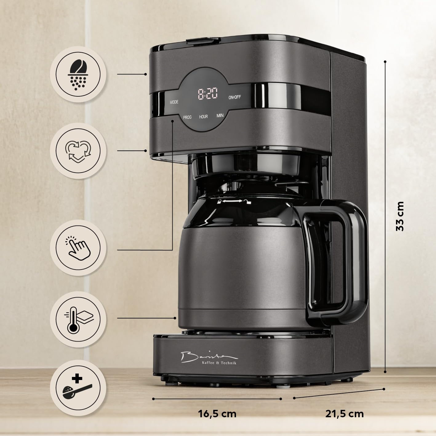 Barista Cafetière filtre Touch Iso | Cafetière avec carafe isotherme | Filtre avec écran digital & minuterie | 900W | pour 8 tasses | Verseuse 1,25 litre