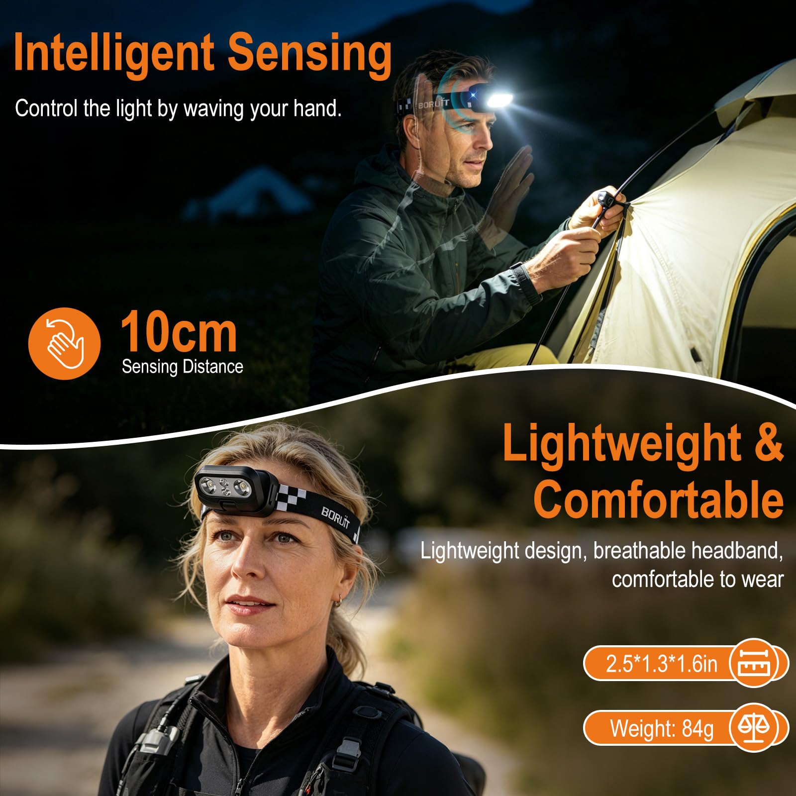 BORUIT Torcia frontale a LED ricaricabile, con sensore super luminoso e zona vicina, luce bianca calda, luce rossa, impermeabile IP66, mini torcia frontale per jogging, campeggio, pesca, ecc.