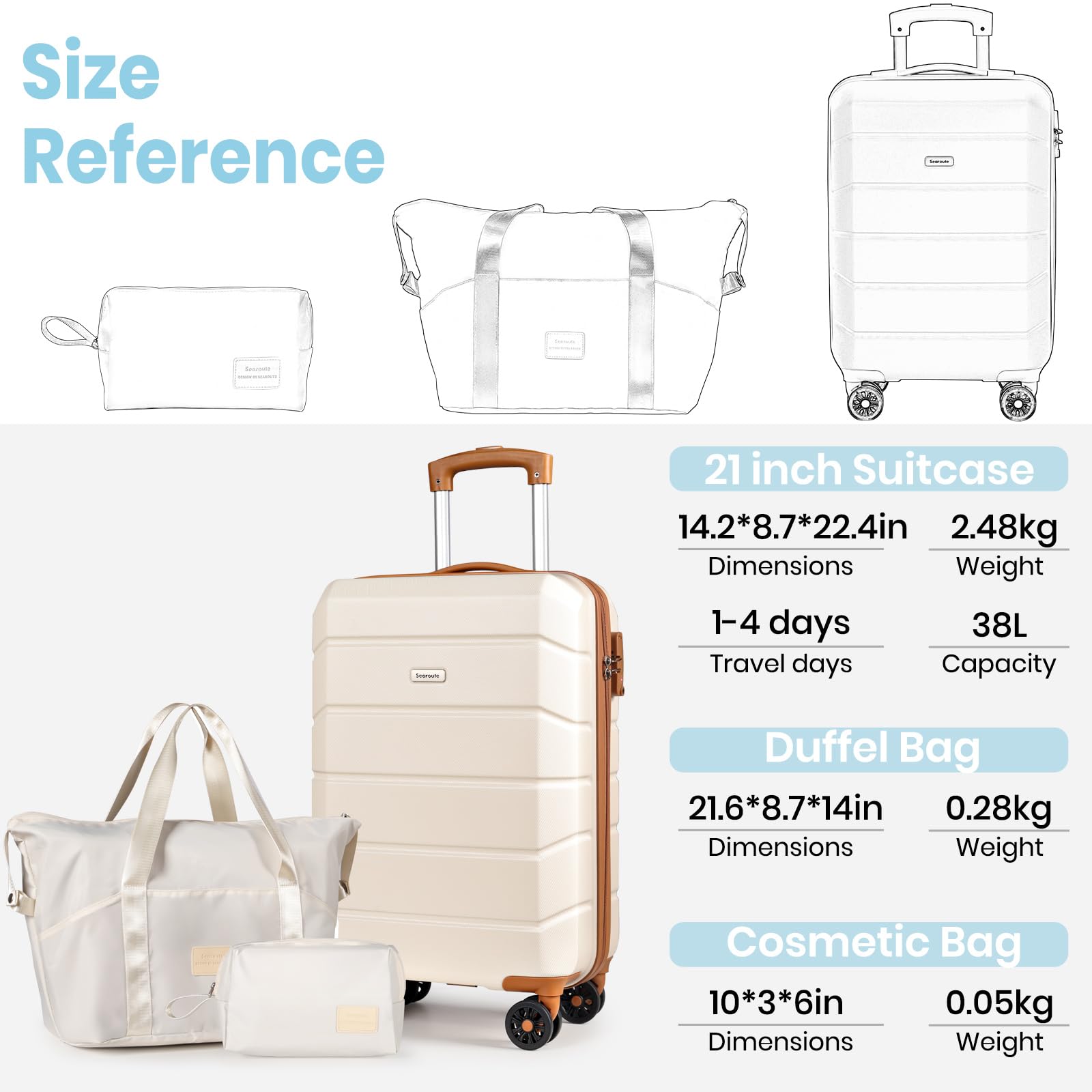H.yeed Ensemble de Valises de Voyage 3 Pièces, Valise Cabine Rigide Légère en ABS avec 4 Roues Pivotantes et Serrure TSA, 21" + Sac de Voyage et Trousse de Toilette, Blanc